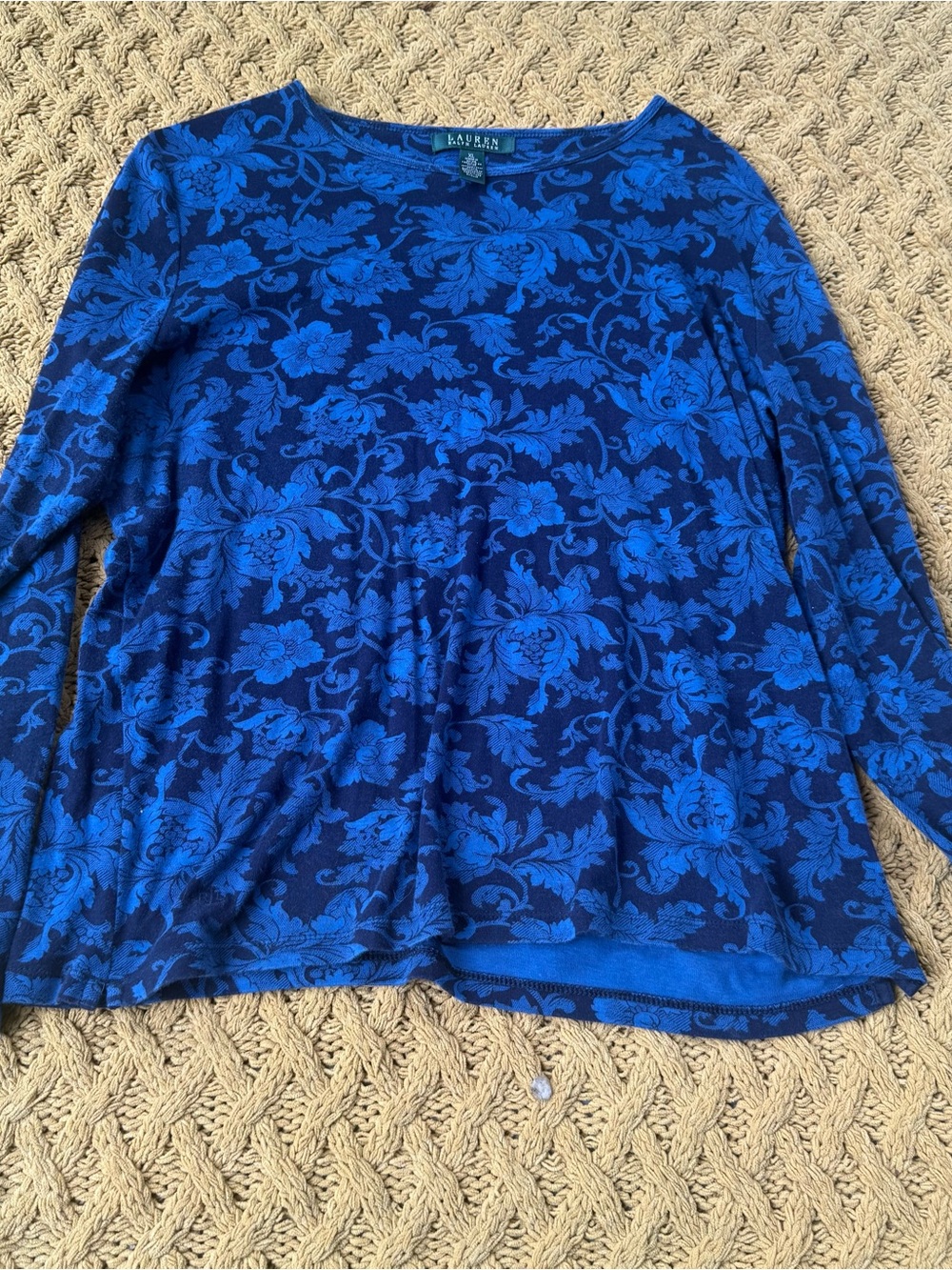 Lauren Ralph Lauren Blue Floral Womens Long Sleeve Knit Shirt Blouse XL Classic